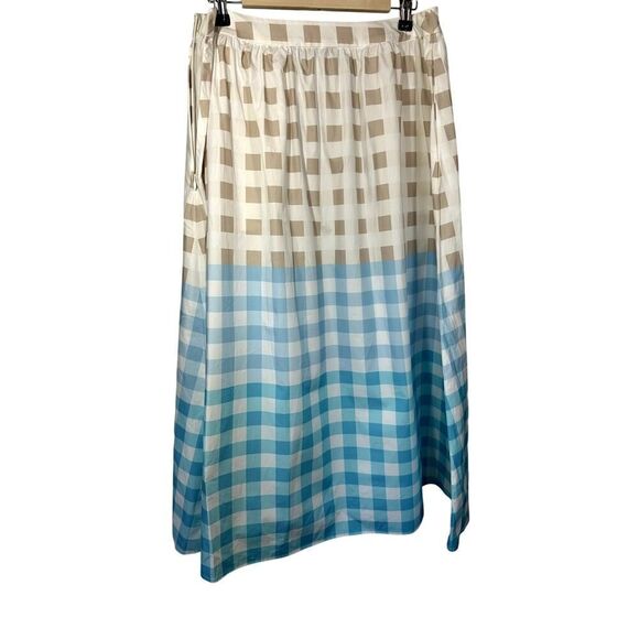 MING WANG Women's Two Piece Gingham Cotton Poplin Skirt Set Blue/Tan Size Small - Picture 16 of 16